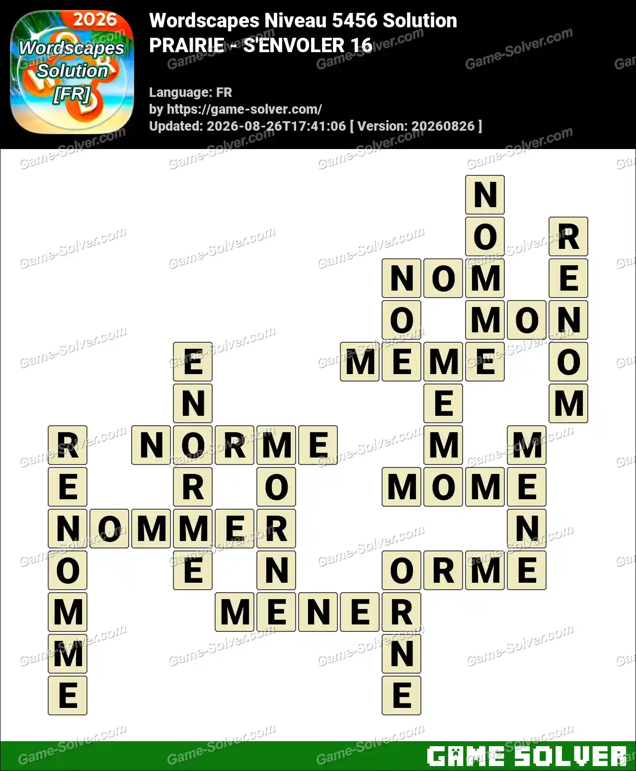 Wordscapes Français Niveau 5456 Solution — PRAIRIE – S’ENVOLER 16